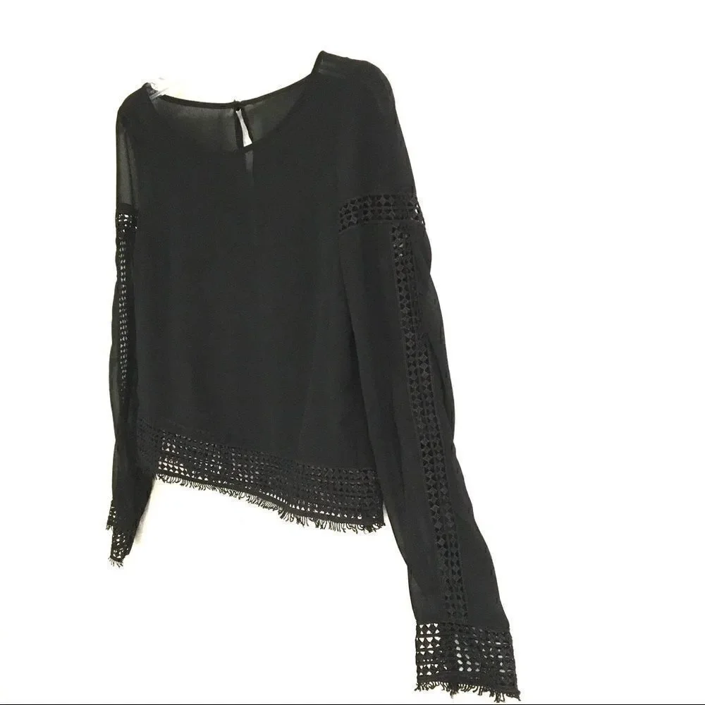 H&M black sheer lace long sleeve blouse S*‎